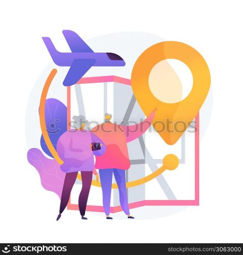 Retired people travel. Pensioners vacation, elderly couple trip, old age active lifestyle. Senile spouses planning journey route, choosing destination. Vector isolated concept metaphor illustration. Retirement travel vector concept metaphor
