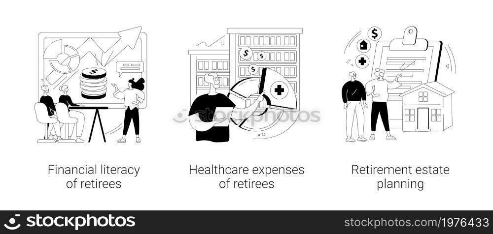 Retiree budget plan abstract concept vector illustration set. Financial literacy of retirees, healthcare expenses, retirement estate planning, health insurance plan, law advisor abstract metaphor.. Retiree budget plan abstract concept vector illustrations.