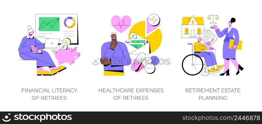 Retiree budget plan abstract concept vector illustration set. Financial literacy of retirees, healthcare expenses, retirement estate planning, health insurance plan, law advisor abstract metaphor.. Retiree budget plan abstract concept vector illustrations.