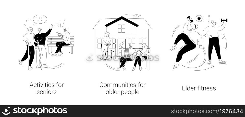 Retiree lifestyle abstract concept vector illustration set. Activities for seniors, communities for older people, elder fitness, nursing home, health support, social activity abstract metaphor.. Retiree lifestyle abstract concept vector illustrations.