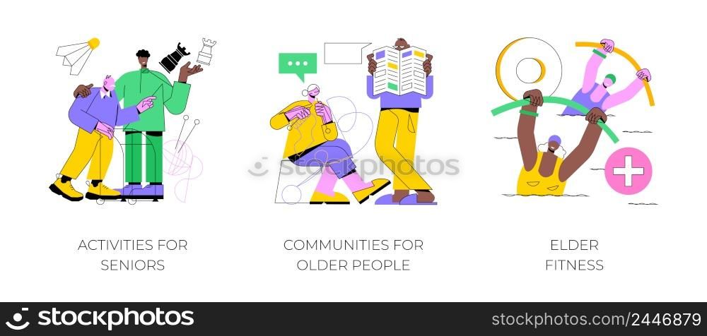 Retiree lifestyle abstract concept vector illustration set. Activities for seniors, communities for older people, elder fitness, nursing home, health support, social activity abstract metaphor.. Retiree lifestyle abstract concept vector illustrations.