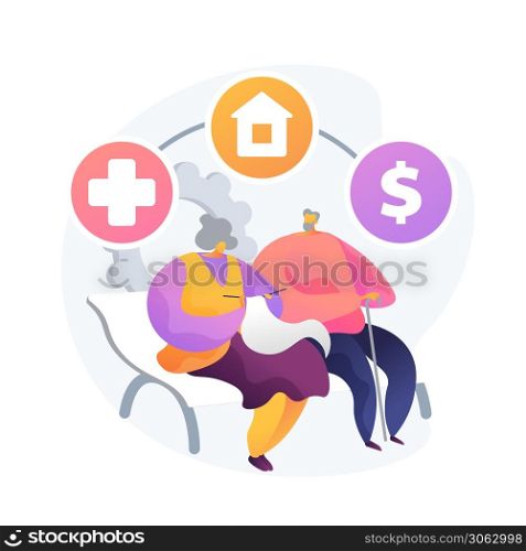Retirement and estate management. Health insurance, dwelling place choice, financial benefits. Elderly couple, senior adults savings plan. Vector isolated concept metaphor illustration. Retirement estate planning vector concept metaphor