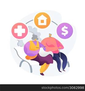 Retirement and estate management. Health insurance, dwelling place choice, financial benefits. Elderly couple, senior adults savings plan. Vector isolated concept metaphor illustration. Retirement estate planning vector concept metaphor