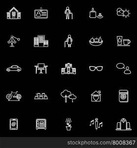 Retirement community line icons on black background, stock vector
