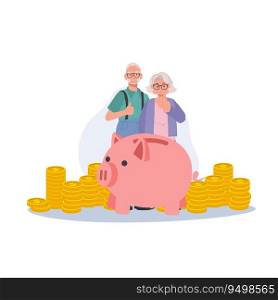 Retirement Happiness concept. Elderly Couple Celebrating Financial Success with Piggy Bank Savings