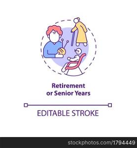 Retirement of senior years concept icon. Social safety. Older adult hobbies. Pension age abstract idea thin line illustration. Vector isolated outline color drawing. Editable stroke. Retirement of senior years concept icon