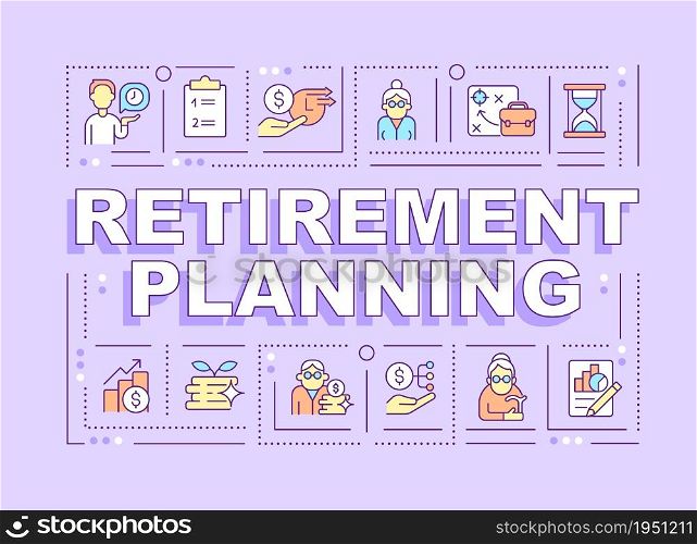 Retirement planning word concepts banner. Determining time horizons. Infographics with linear icons on pink background. Isolated creative typography. Vector outline color illustration with text. Retirement planning word concepts banner