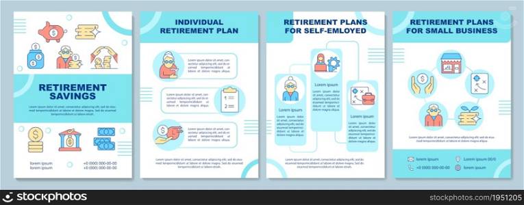 Retirement savings plans brochure template. Various saving options. Flyer, booklet, leaflet print, cover design with linear icons. Vector layouts for presentation, annual reports, advertisement pages. Retirement savings plans brochure template