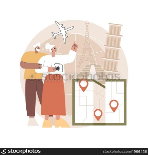 Retirement travel abstract concept vector illustration. Pension traveling, retirement savings, medical care, cover travel expenses, elderly people, insurance, trip destination abstract metaphor.. Retirement travel abstract concept vector illustration.