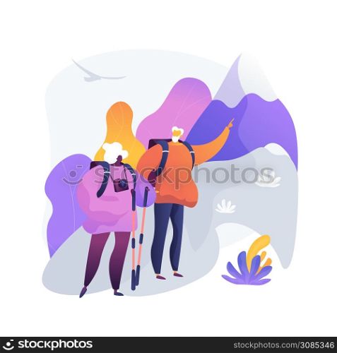 Retirement travel. Couple of elderly people hiking in mountains with backpacks and camera. Senior people travelling. Tourism, recreation, activity. Vector isolated concept metaphor illustration. Retirement travel vector concept metaphor