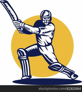 retor style illustration of a cricket sports batsman batting front view done in retro style. cricket sports batsman batting front view