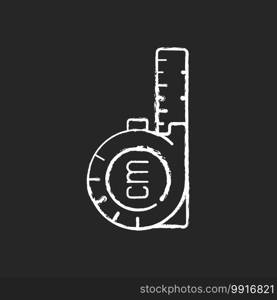 Retractable flexible rule chalk white icon on black background. Tape measure. Metal strip with linear-measurement markings. Measuring size and distance. Isolated vector chalkboard illustration. Retractable flexible rule chalk white icon on black background