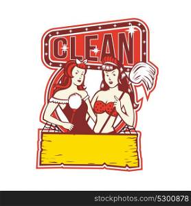 "Retro 1950s style illustration of Twin female Cleaners with feather duster and mop with words text "Clean" on isolated background.. Twin Cleaners Clean 1950s Retro"