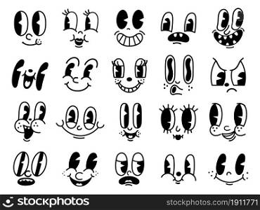 Retro 30s cartoon mascot characters funny faces. 50s, 60s old animation eyes and mouths elements. Vintage comic smile for logo vector set. Smiley caricatures with happy and cheerful emotions. Retro 30s cartoon mascot characters funny faces. 50s, 60s old animation eyes and mouths elements. Vintage comic smile for logo vector set