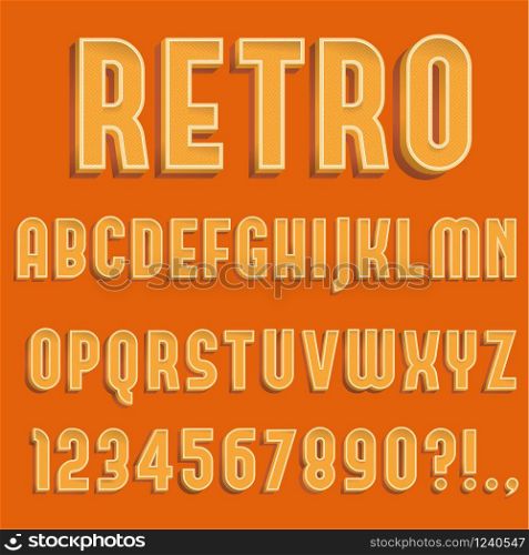 Retro 3D Alphabet Letters, Numbers and Symbols. Retro Typography with Rich Colors. Vector