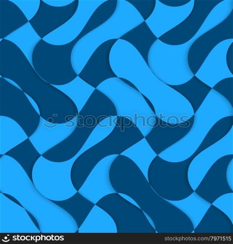 Retro 3D blue overlaying waves.Abstract layered pattern. Bright colored background with realistic shadow and thee dimentional effect.
