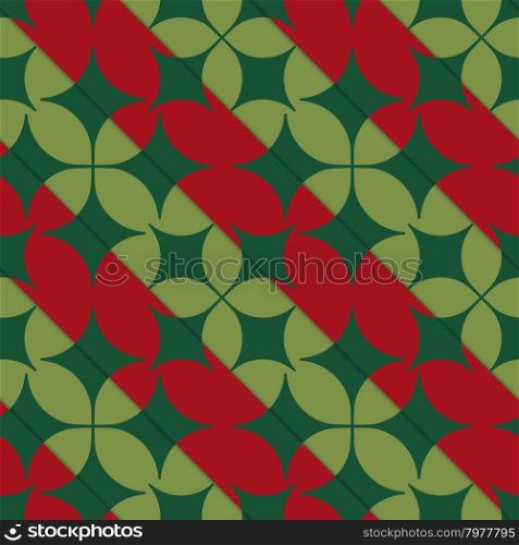 Retro 3D bright green and red with pointy four foils.Abstract layered pattern. Bright colored background with realistic shadow and thee dimensional effect.