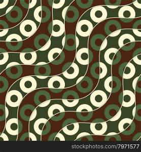 Retro 3D brown green and yellow waves and donates.Abstract layered pattern. Bright colored background with realistic shadow and thee dimentional effect.