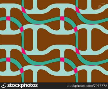 Retro 3D brown wavy with green net.Abstract layered pattern. Bright colored background with realistic shadow and thee dimensional effect.