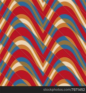 Retro 3D bulging red and blue waves diagonally cut.Abstract layered pattern. Bright colored background with realistic shadow and thee dimentional effect.