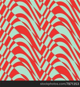 Retro 3D bulging red and green waves diagonally cut.Abstract layered pattern. Bright colored background with realistic shadow and thee dimentional effect.