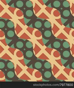 Retro 3D green and brown waves and circles.Abstract layered pattern. Bright colored background with realistic shadow and thee dimensional effect.