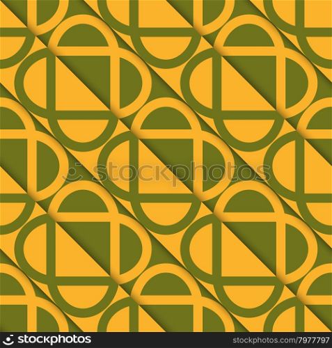 Retro 3D green and orange diagonally cut intersecting ovals.Abstract layered pattern. Bright colored background with realistic shadow and thee dimensional effect.