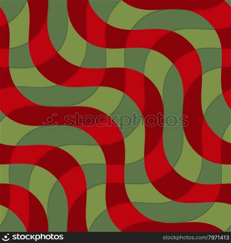 Retro 3D green and red intersecting waves.Abstract layered pattern. Bright colored background with realistic shadow and thee dimentional effect.