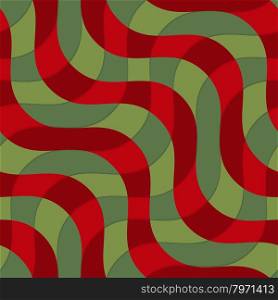 Retro 3D green and red intersecting waves.Abstract layered pattern. Bright colored background with realistic shadow and thee dimentional effect.