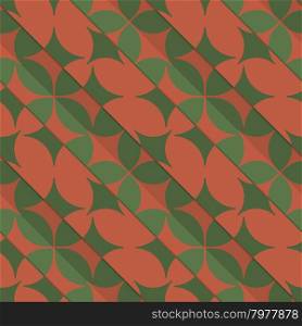 Retro 3D green and red with pointy four foils.Abstract layered pattern. Bright colored background with realistic shadow and thee dimensional effect.