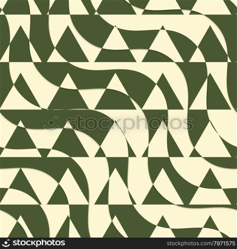 Retro 3D green and yellow cut out waves with triangles.Abstract layered pattern. Bright colored background with realistic shadow and thee dimentional effect.