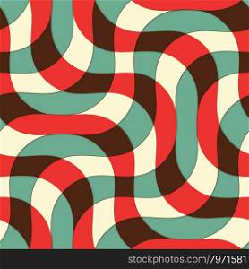 Retro 3D green red and yellow intersecting waves.Abstract layered pattern. Bright colored background with realistic shadow and thee dimentional effect.
