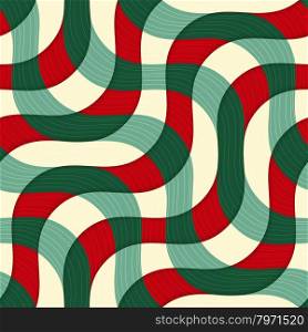 Retro 3D green red yellow overlapping waves with texture.Abstract layered pattern. Bright colored background with realistic shadow and thee dimentional effect.