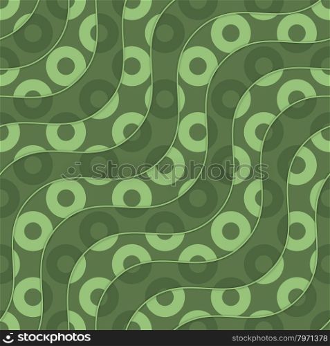 Retro 3D green waves and donates.Abstract layered pattern. Bright colored background with realistic shadow and thee dimentional effect.