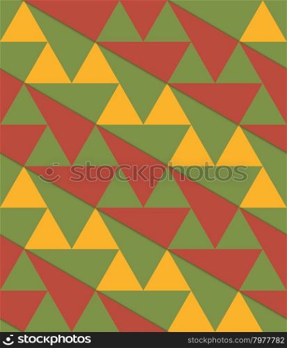 Retro 3D green yellow brown diagonal triangles.Abstract layered pattern. Bright colored background with realistic shadow and thee dimensional effect.