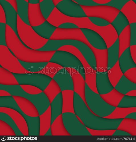 Retro 3D red green overlaying waves.Abstract layered pattern. Bright colored background with realistic shadow and thee dimentional effect.