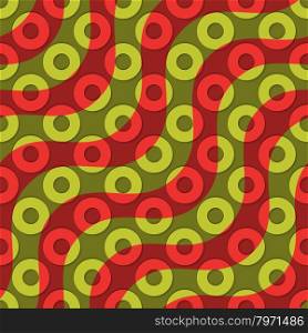 Retro 3D red green waves and donates.Abstract layered pattern. Bright colored background with realistic shadow and thee dimentional effect.