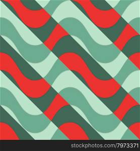 Retro 3D red waves with green parts.Abstract layered pattern. Bright colored background with realistic shadow and thee dimentional effect.