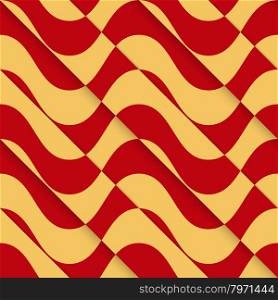 Retro 3D red yellow overlaying waves.Abstract layered pattern. Bright colored background with realistic shadow and thee dimentional effect.
