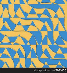 Retro 3D yellow and blue waves with cut out triangles.Abstract layered pattern. Bright colored background with realistic shadow and thee dimentional effect.