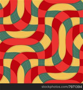 Retro 3D yellow red overlapping waves with texture.Abstract layered pattern. Bright colored background with realistic shadow and thee dimentional effect.