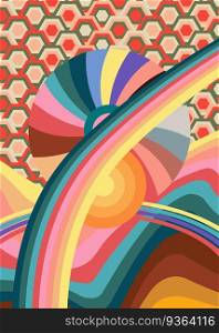 Retro 70s Background. Groovy abstract 1970s art template. Minimalistic Vintage striped design poster. Old-fashioned rainbow color artwork.