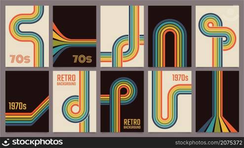 Retro 70s geometric posters, vintage rainbow color lines print. Groovy striped design poster, abstract 1970s colorful background vector set. Minimalistic old-fashioned cover for artwork. Retro 70s geometric posters, vintage rainbow color lines print. Groovy striped design poster, abstract 1970s colorful background vector set