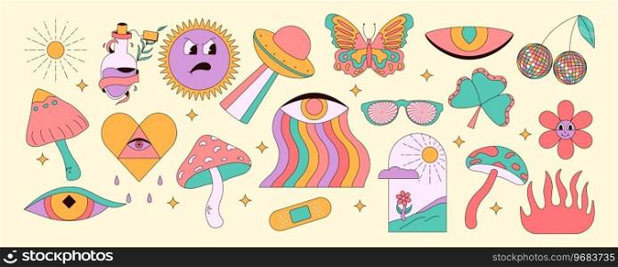 Retro 70s groovy elements. Mushrooms, sun, flower, lips, eyes, sunglasses and etc. Cartoon hippy stickers. Vector illustration. Retro 70s groovy elements. Mushrooms, sun, flower, lips, eyes, sunglasses and etc. Cartoon hippy stickers. Vector illustration.