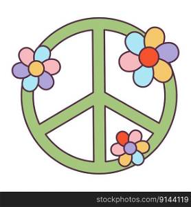 Retro 70s Groovy Hippie sticker peace symbol with flowers. Psychedelic cartoon element -funky illustration in vintage hippy style. Vector flat illustration for banner, flyer, invitation, card. Retro 70s Groovy Hippie sticker peace symbol with flowers. Psychedelic cartoon element -funky illustration in vintage hippy style. Vector flat illustration for banner, flyer, invitation, card.