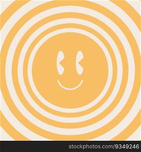 Retro 70s hippie groovy background, vector. Smiley. Yellow smiley, striped lines.