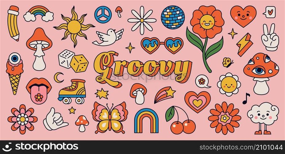 Retro 70s hippie stickers, psychedelic groovy elements. Cartoon funky mushrooms, flowers, rainbow, vintage hippy style element vector set. Decorative disco ball, flying dove and cherries. Retro 70s hippie stickers, psychedelic groovy elements. Cartoon funky mushrooms, flowers, rainbow, vintage hippy style element vector set