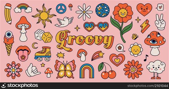 Retro 70s hippie stickers, psychedelic groovy elements. Cartoon funky mushrooms, flowers, rainbow, vintage hippy style element vector set. Decorative disco ball, flying dove and cherries. Retro 70s hippie stickers, psychedelic groovy elements. Cartoon funky mushrooms, flowers, rainbow, vintage hippy style element vector set