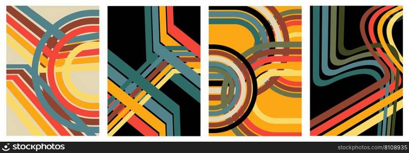 Retro 70s Lines Backgrounds Set. Trendy Minimalistic Vintage 1970s striped design poster. Groovy Old-fashioned rainbow color artwork template collection.