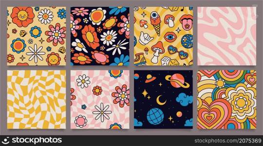 Retro 70s psychedelic seamless patterns, groovy hippie backgrounds. Cartoon funky print with flowers and mushrooms, hippy pattern vector set. Cosmos with ufo spaceship and stars, floral design. Retro 70s psychedelic seamless patterns, groovy hippie backgrounds. Cartoon funky print with flowers and mushrooms, hippy pattern vector set